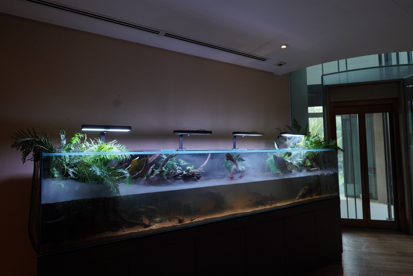 Long misty paludarium in a building lobby